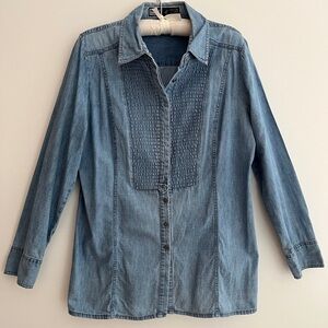 FDJ Denim Tunic Blouse Button Front Long Sleeve Shirred Tuxedo Western Stampede